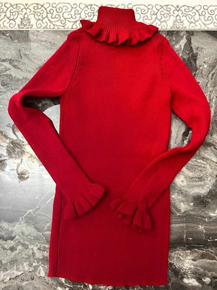 Kırmızı Yüksek Yakalı Triko Kadın Kazak - Görsel 2