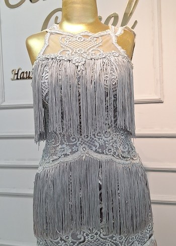 Askılı Püsküllü Gri Midi boy Abiye Elbise - Görsel 5