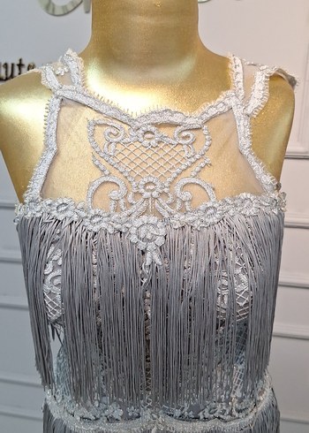 Askılı Püsküllü Gri Midi boy Abiye Elbise - Görsel 2