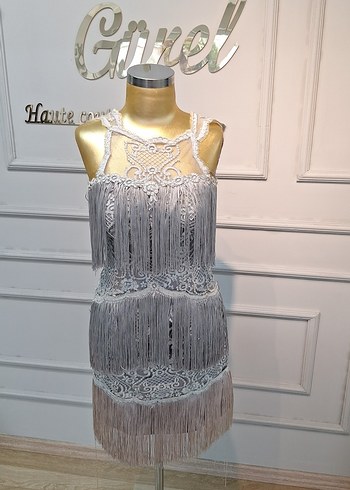 Askılı Püsküllü Gri Midi boy Abiye Elbise - Görsel 4