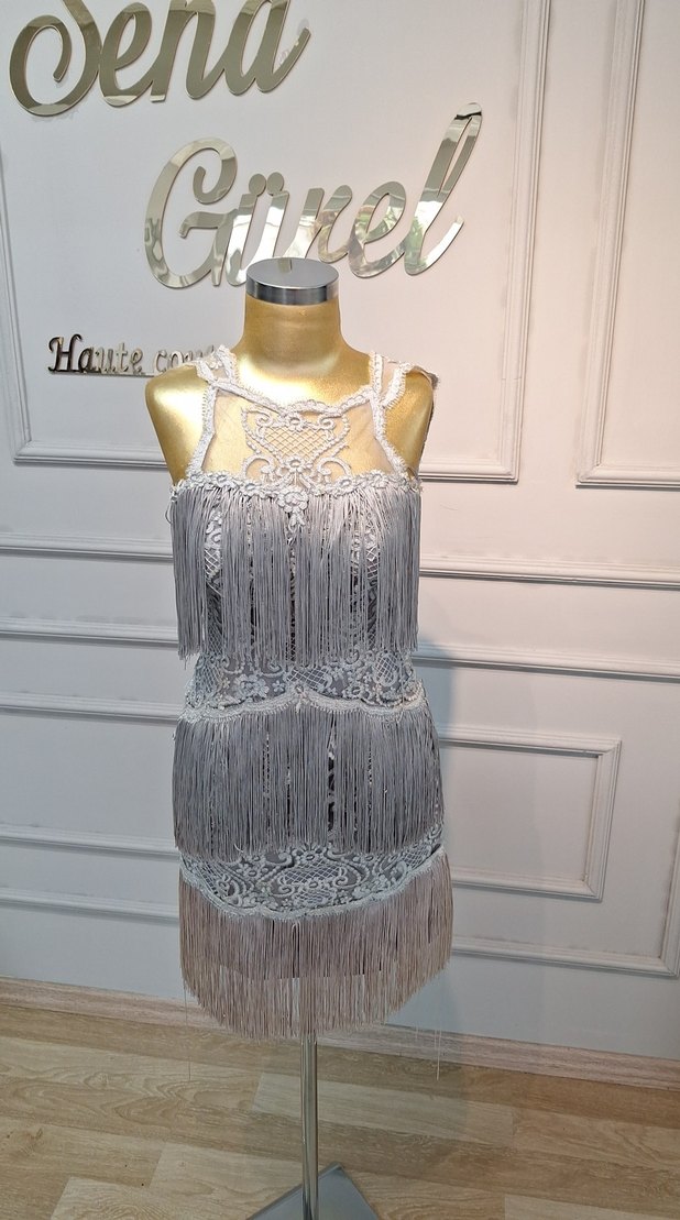 Askılı Püsküllü Gri Midi boy Abiye Elbise - Görsel 4