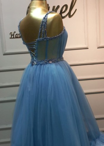 Uzun Mavi Fırfırlı Kadın Abiye Elbise - Görsel 3