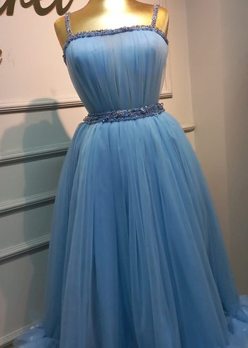 Uzun Mavi Fırfırlı Kadın Abiye Elbise - Görsel 2