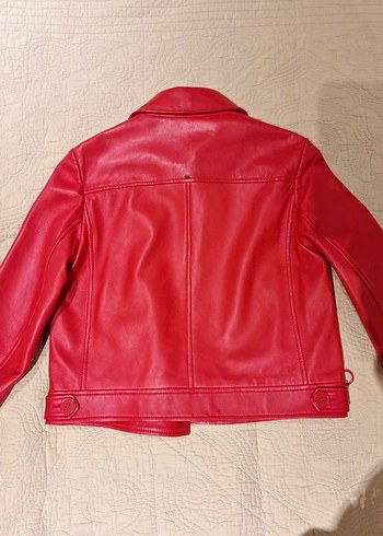 Kadın Kırmızı Düğmeli Deri Ceket. - Görsel 4