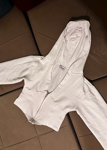 Beyaz V Yaka Fermuarlı Kadın Sweatshirt - Görsel 3