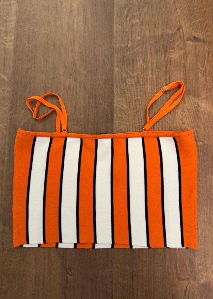 Twist Turuncu Çizgili İnce Askılı Crop Top - Görsel 2