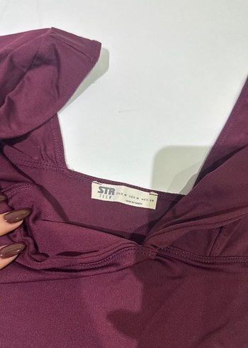 Stradivarius V Yaka Bordo Crop Bluz - Görsel 3