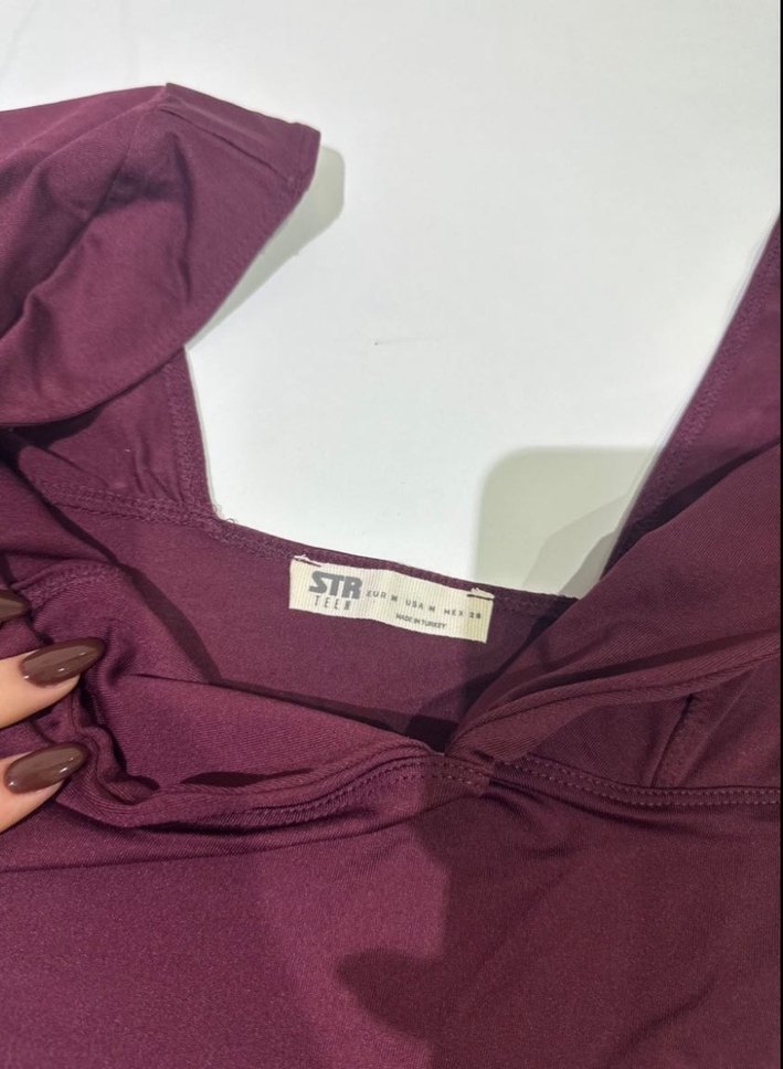 Stradivarius V Yaka Bordo Crop Bluz - Görsel 3