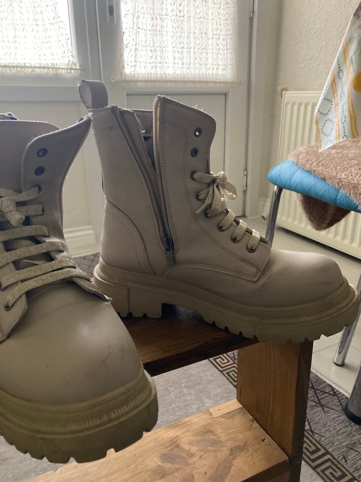 Bej Deri Platform Topuklu Kadın Botlar - Görsel 2