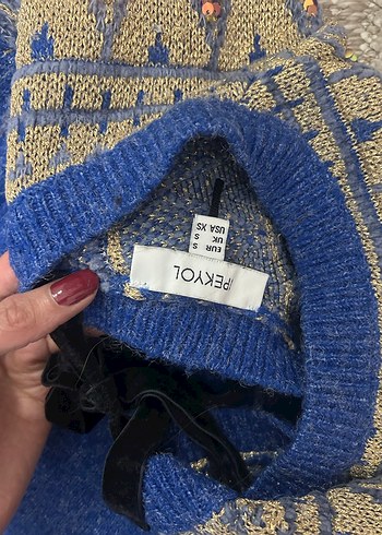 Nakışlı Mavi Bohem Örgü Kadın Kazak - Görsel 3