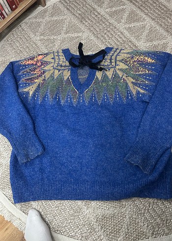 Nakışlı Mavi Bohem Örgü Kadın Kazak - Görsel 2