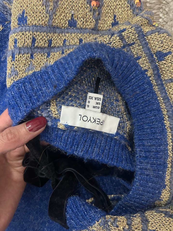 Nakışlı Mavi Bohem Örgü Kadın Kazak - Görsel 3