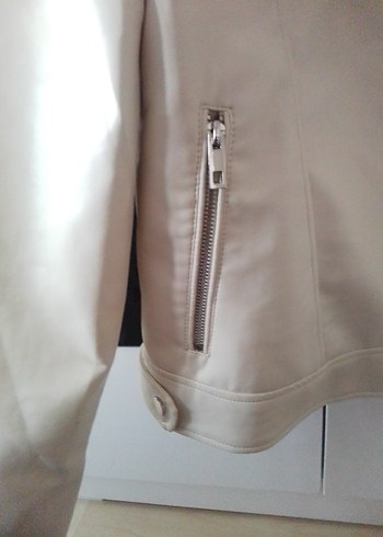 Beyaz Deri Kadın Ceket Fermuarlı - Görsel 4