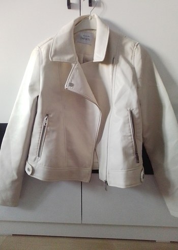 Beyaz Deri Kadın Ceket Fermuarlı - Görsel 5