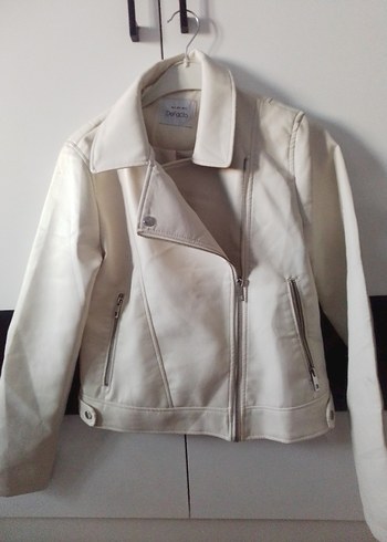 Beyaz Deri Kadın Ceket Fermuarlı - Görsel 7