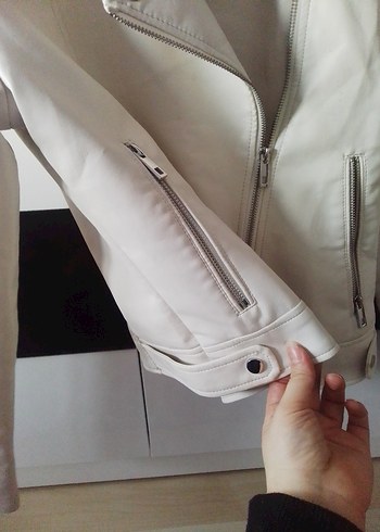 Beyaz Deri Kadın Ceket Fermuarlı - Görsel 8