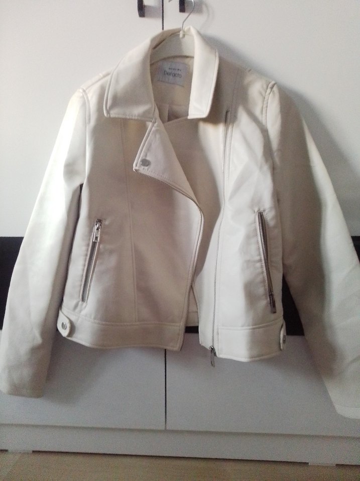 Beyaz Deri Kadın Ceket Fermuarlı - Görsel 5