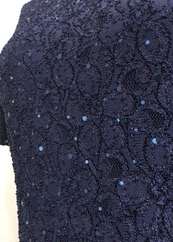 Lacivert Dantelli Kısa Kollu Midi Elbise - Görsel 2