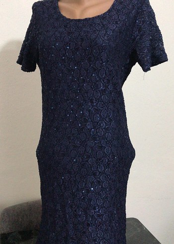 Lacivert Dantelli Kısa Kollu Midi Elbise - Görsel 3