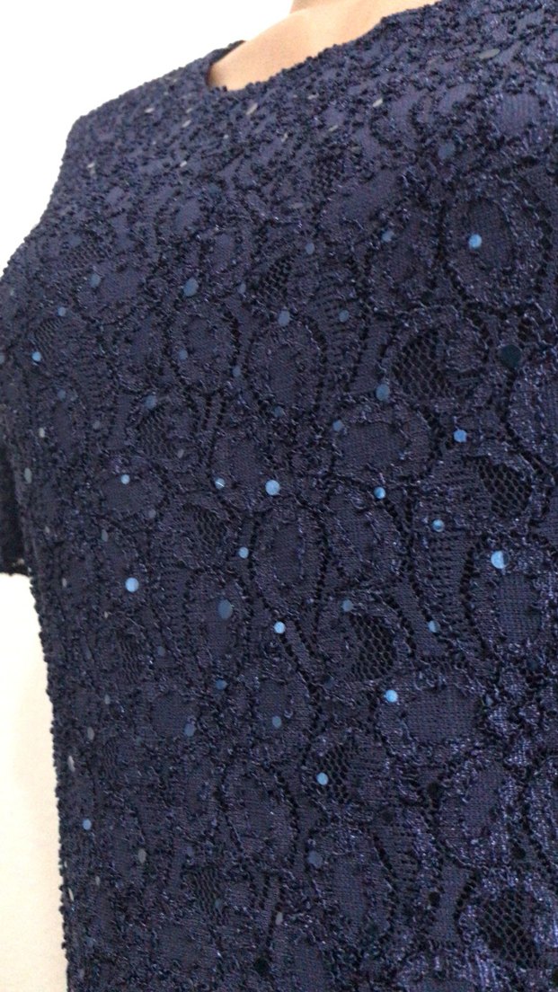 Lacivert Dantelli Kısa Kollu Midi Elbise - Görsel 2