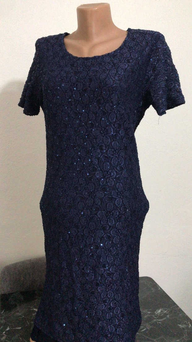 Lacivert Dantelli Kısa Kollu Midi Elbise - Görsel 3