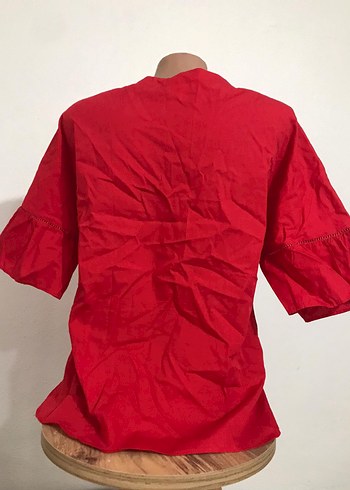 Düğmeli Kırmızı Keten Mini Kadın Gömlek - Görsel 4