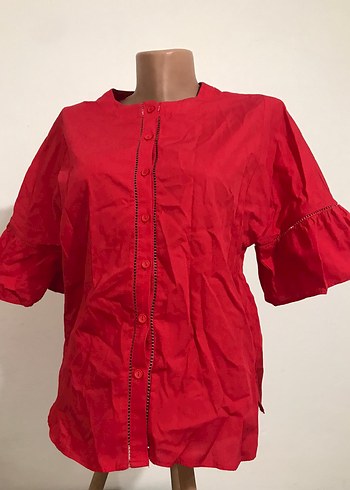 Düğmeli Kırmızı Keten Mini Kadın Gömlek - Görsel 3