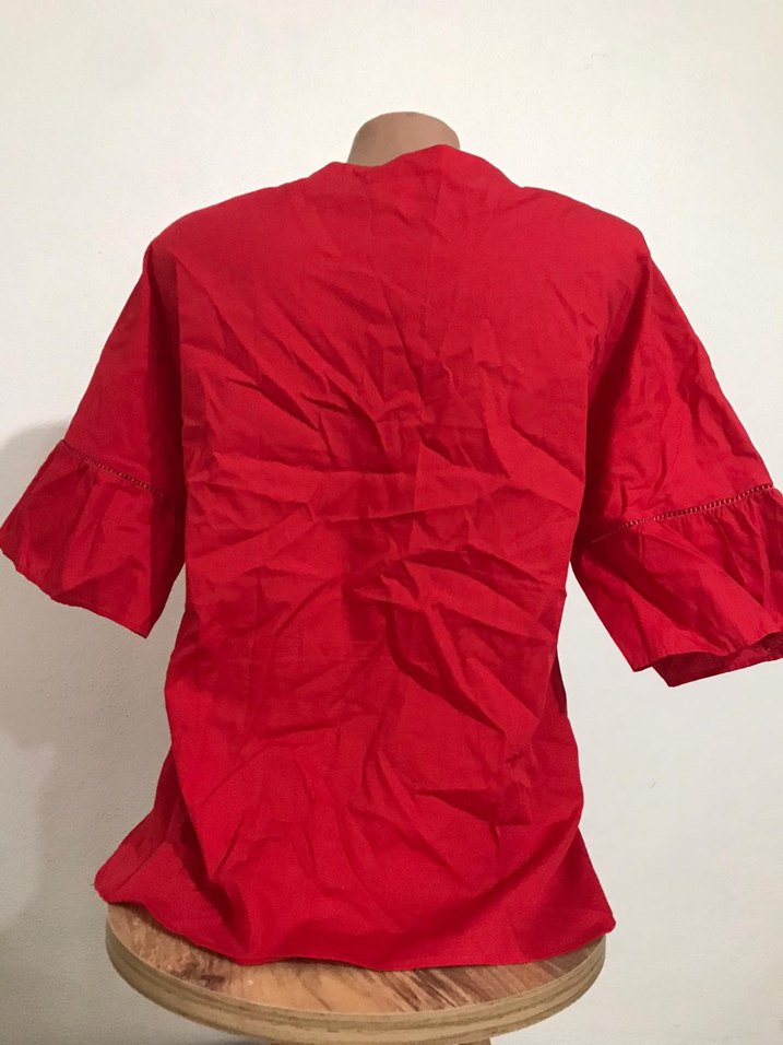 Düğmeli Kırmızı Keten Mini Kadın Gömlek - Görsel 4