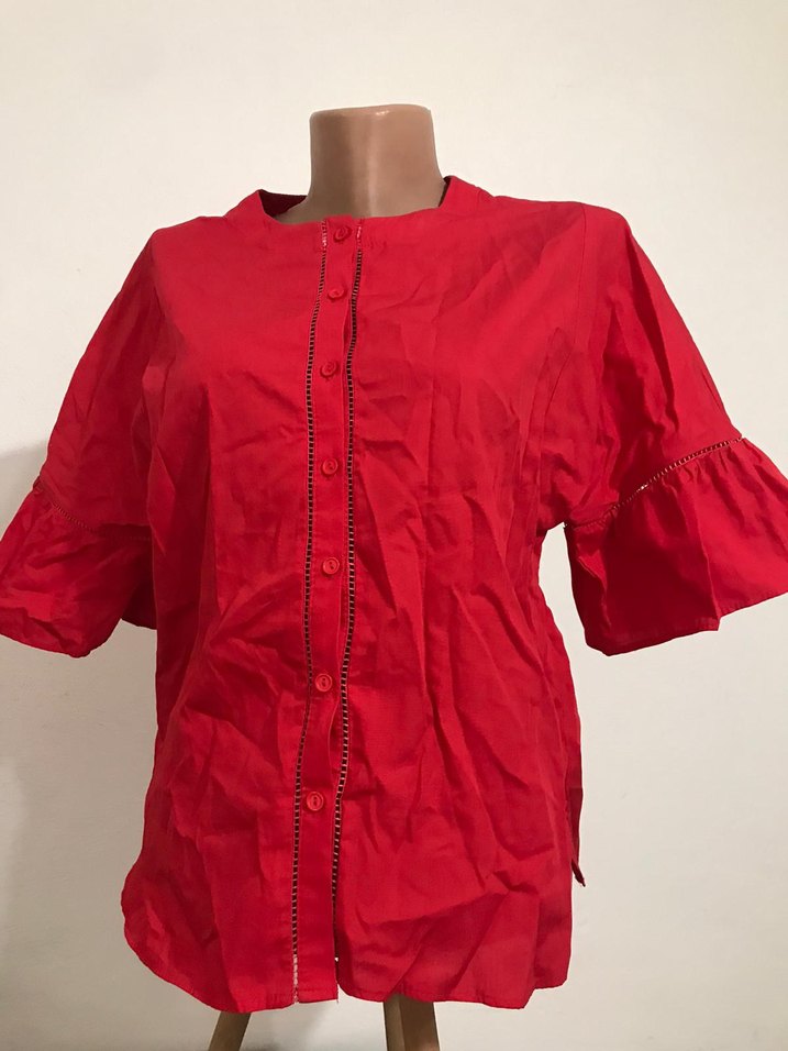 Düğmeli Kırmızı Keten Mini Kadın Gömlek - Görsel 3