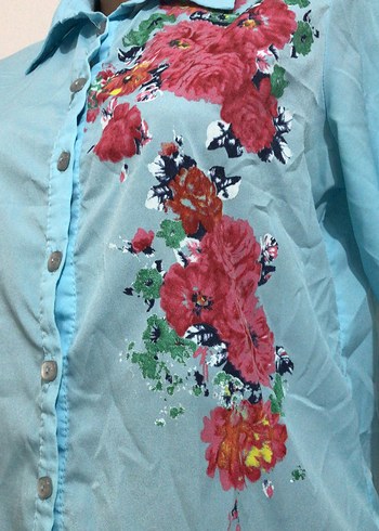 Nakışlı Turkuaz Kadın Gömlek - Görsel 3