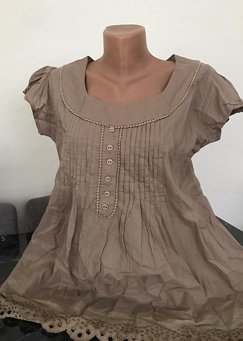 Bej Düğmeli Keten Vintage Bluz - Görsel 3