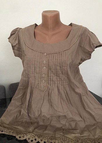 Bej Düğmeli Keten Vintage Bluz - Görsel 2