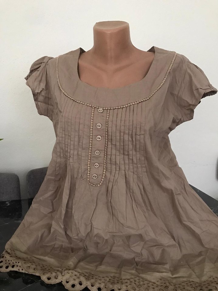 Bej Düğmeli Keten Vintage Bluz - Görsel 3