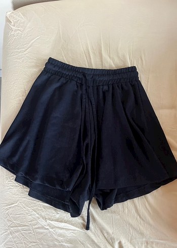 Lacivert Pilili Keten Mini Şort
