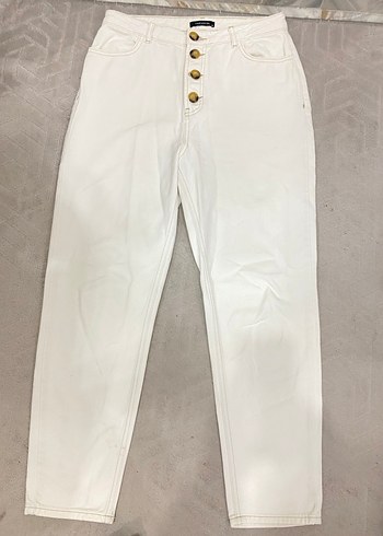 Düğmeli Beyaz Kadın Kot Pantolon - Görsel 2