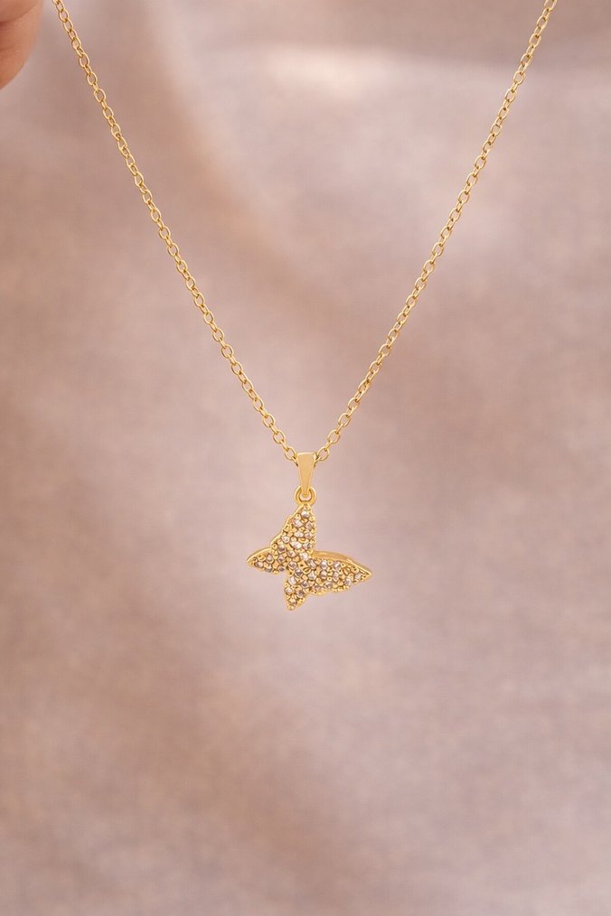 Gold Çelik Kelebek Kolye 45 cm - Görsel 2