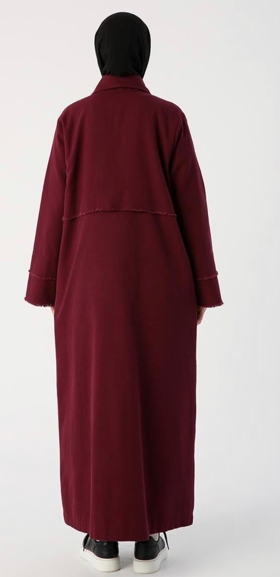 Bordo Kadın Uzun Düğmeli Trençkot - Görsel 3