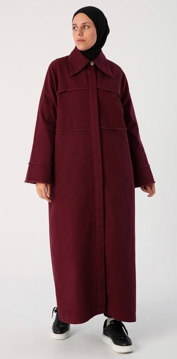 Bordo Kadın Uzun Düğmeli Trençkot - Görsel 2
