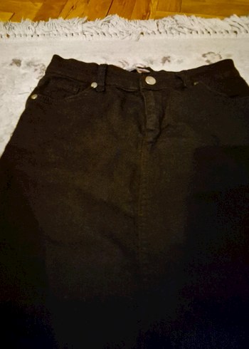 Düğmeli Siyah Denim Midi Etek