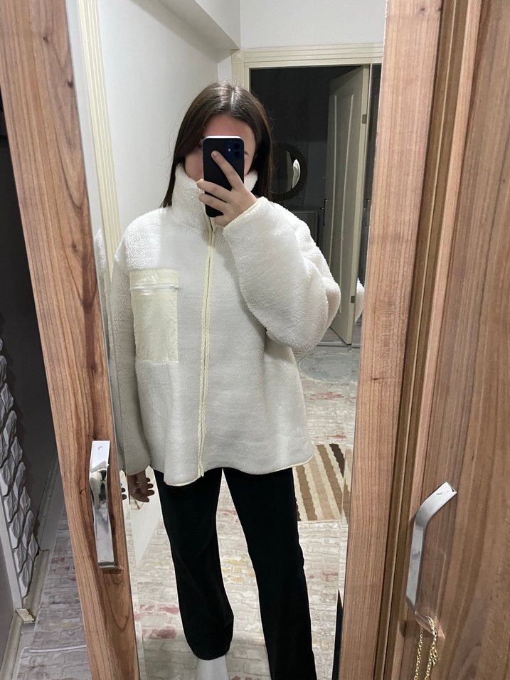 Kürklü Beyaz Kadın Polar Ceket - Görsel 5