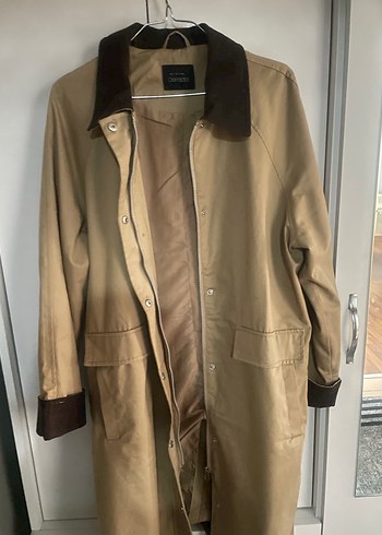 Bej keten Düğmeli Midi Trençkot - Görsel 3