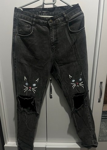 Diğer Kedi İslemeli Siyah Denim Jean