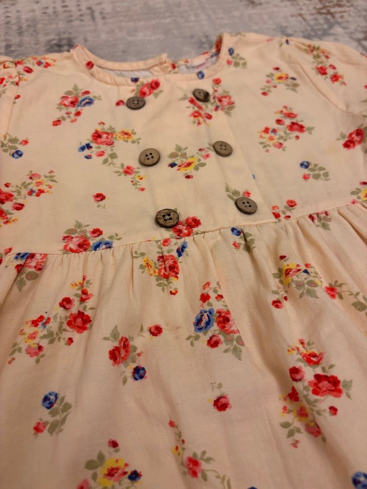 Bej Çiçekli Kısa Kollu Pamuklu Kız Elbisesi - Görsel 2