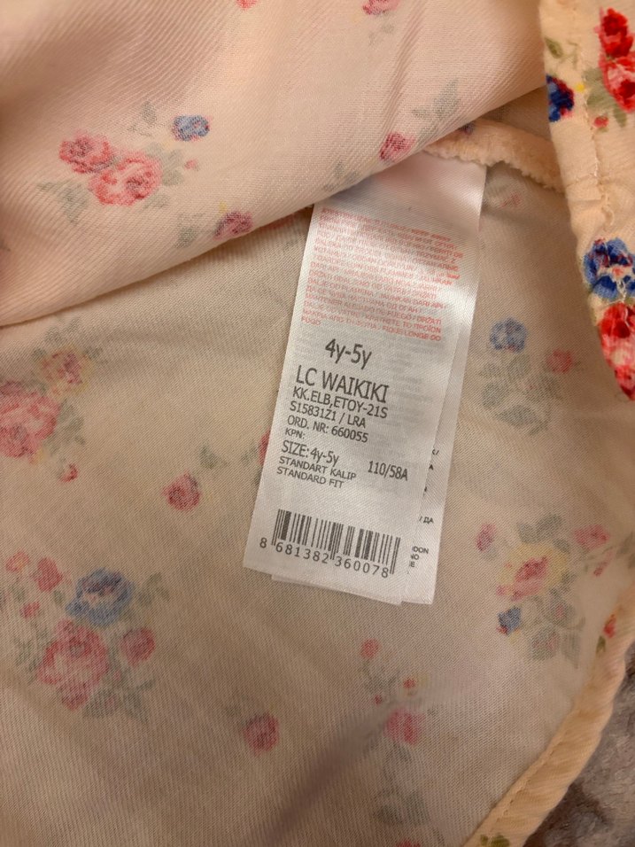 Bej Çiçekli Kısa Kollu Pamuklu Kız Elbisesi - Görsel 3