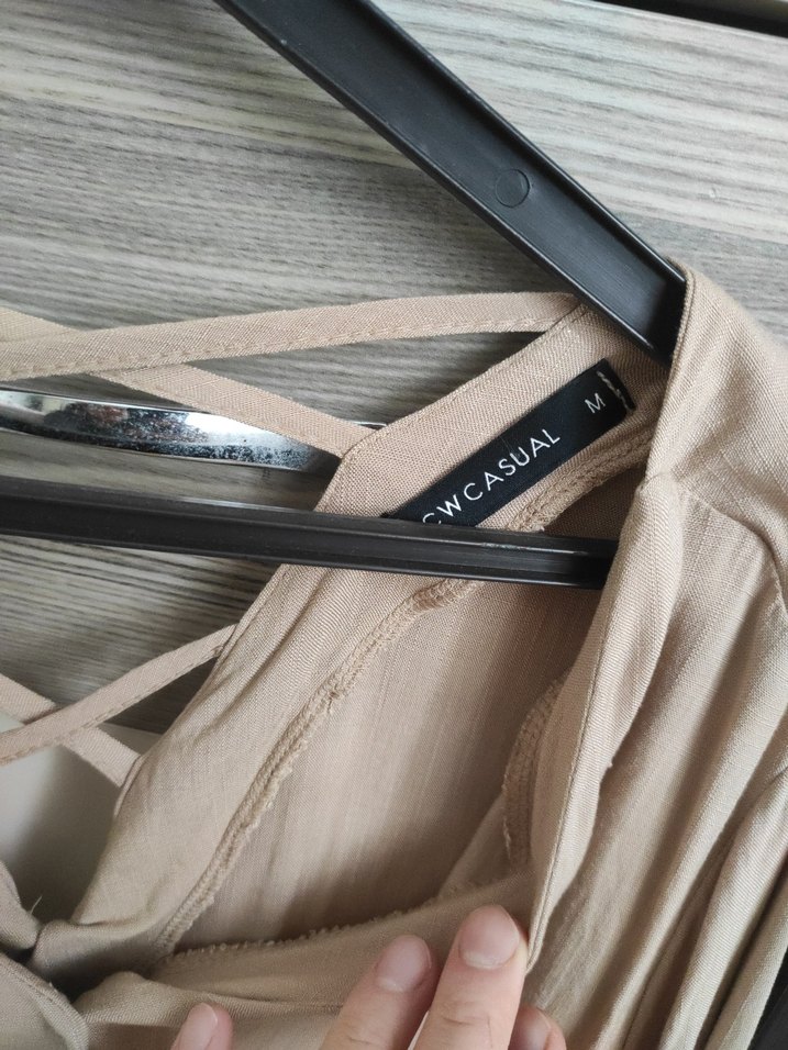 Bej V-Yaka Düğmeli Salaş Kadın Gömlek - Görsel 2