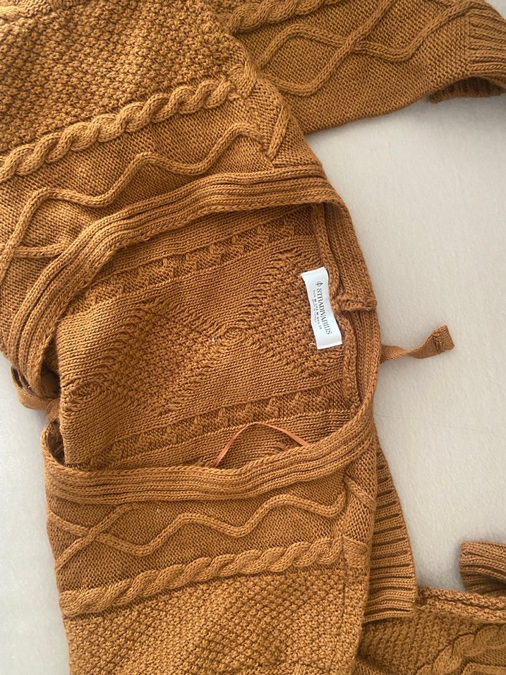 Bohem Tarzı Kahverengi Örgü V yaka hırka kazak - Görsel 2