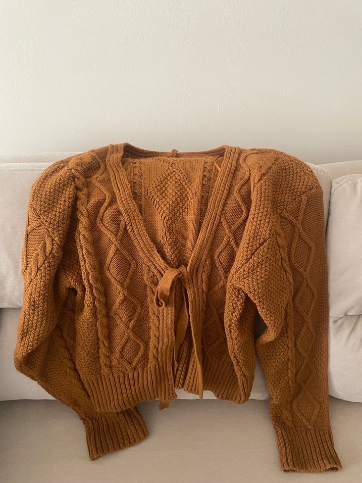 Bohem Tarzı Kahverengi Örgü V yaka hırka kazak - Görsel 3