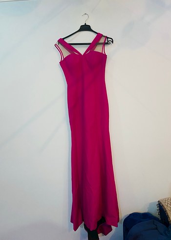 Pembe Mini V Yakalı Drapeli Abiye uzun elbise - Görsel 3