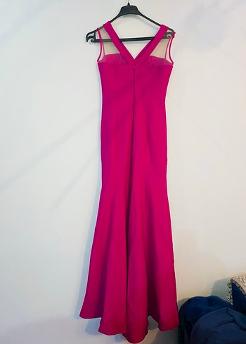 Pembe Mini V Yakalı Drapeli Abiye uzun elbise - Görsel 2