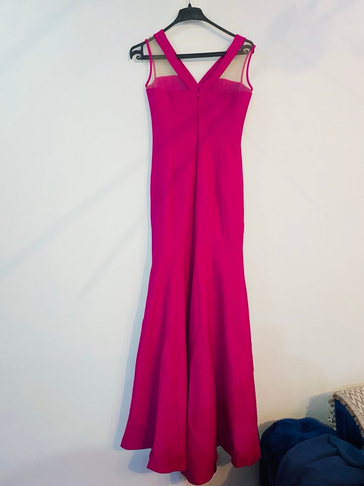 Pembe Mini V Yakalı Drapeli Abiye uzun elbise - Görsel 2